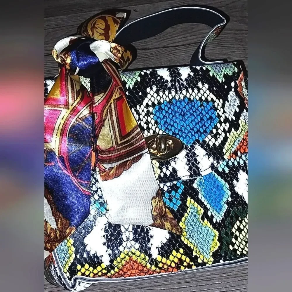 Women's Mini Snakeskin Embossed Handbag, Twilly Scarf Decor Flap Square Purse